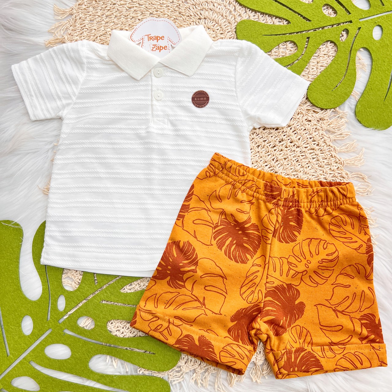  Conj. Camiseta e Bermuda Folhagem - Off White e Laranja